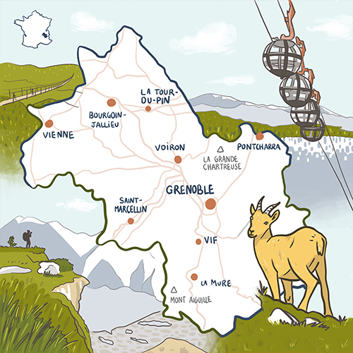 Carte illustrée du département Isère, dans les Alpes