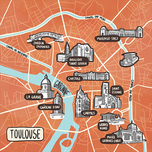 Plan illustrée du centre-ville touristique de Toulouse